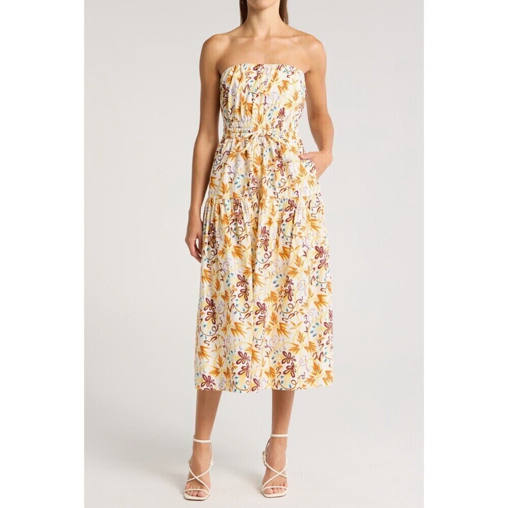 A.L.C. Clark Vibrant Multicolor Floral Strapless Cotton Midi Dress Size 2 Beach